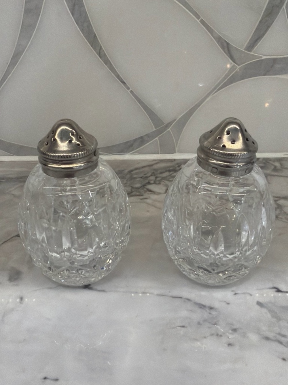 Waterford Crystal Clear Cut Glass Salt and Pepper Set with Silver Tops
